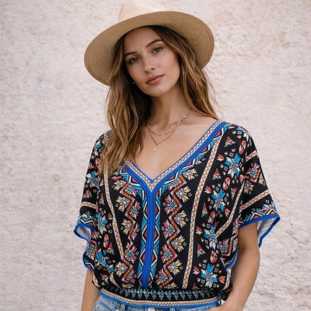 Flying Tomato Floral V-Neck Boho Women's Top - Black and Blue - small